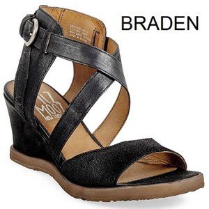 Miz Mooz NYC Braden Black Leather Wedge Sandals